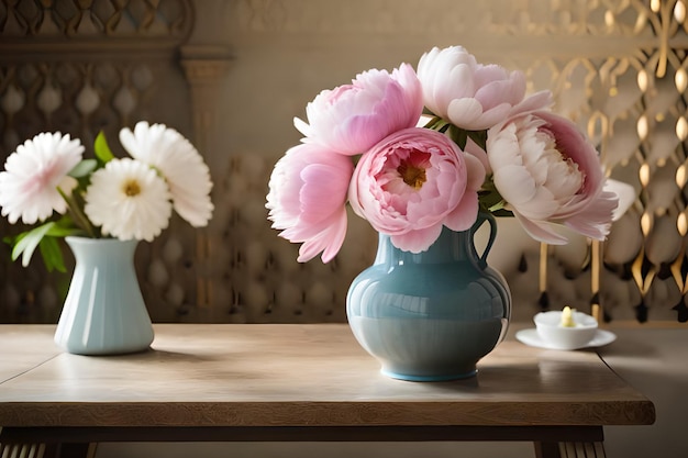 Op een tafel staat een blauwe vaas met roze bloemen.