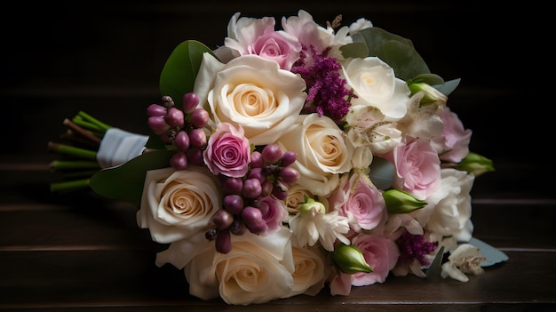 Op een tafel staat een boeket bloemen uitgestald.