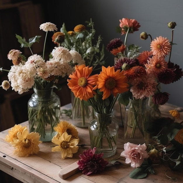 Op een tafel staat een bos bloemen, waarvan er één een bloem is.