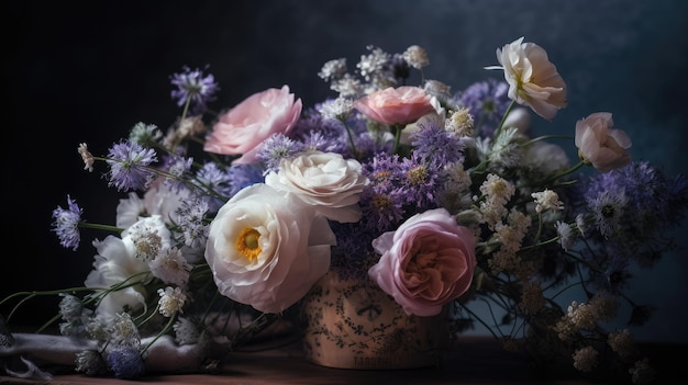 Op een tafel staat een bos bloemen.