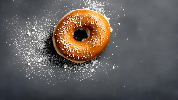 Op een tafel staat een donut met sesamzaadjes erop.