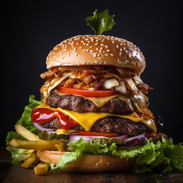 Op een tafel staat een dubbele cheeseburger met uien, tomaat en uien.