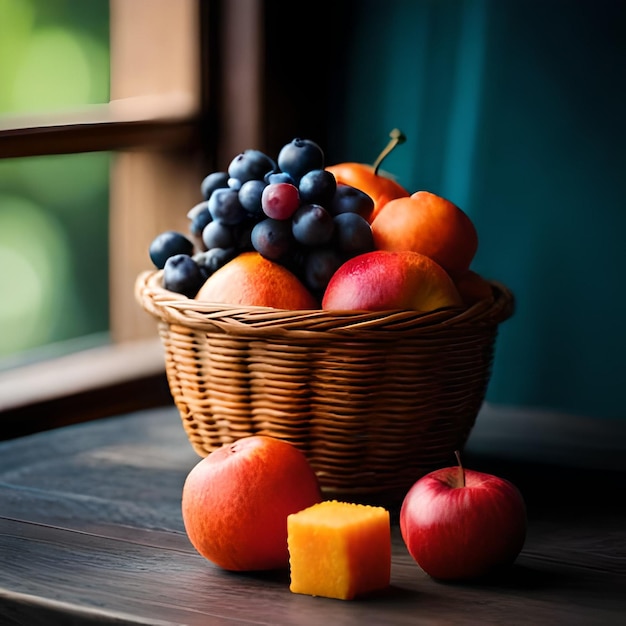 Op een tafel staat een fruitmand met een stukje kaas.