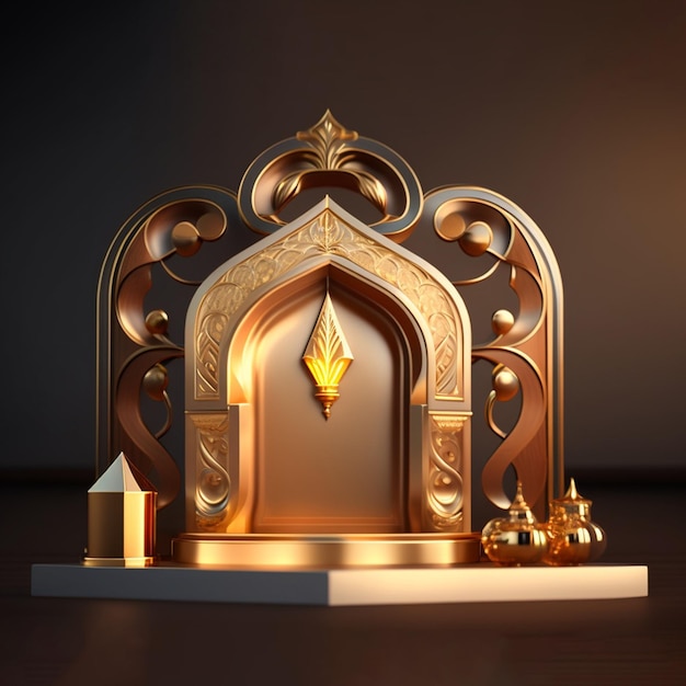 Op een tafel staat een goud en goud voorwerp met een gouden ontwerp.