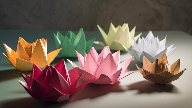 Op een tafel staat een groep origamibloemen uitgestald.