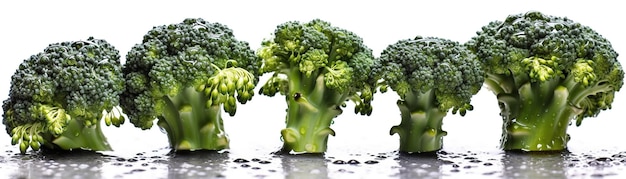 Foto op een tafel staat een groepje broccoli opgesteld.