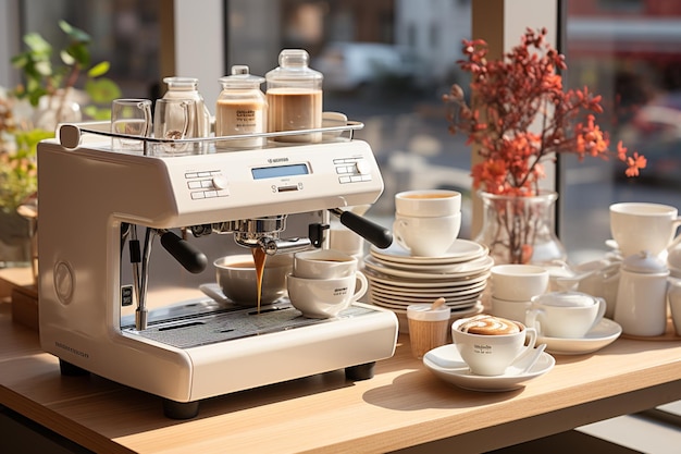 Op een tafel staat een koffiezetapparaat met kop en schotels generatieve ai