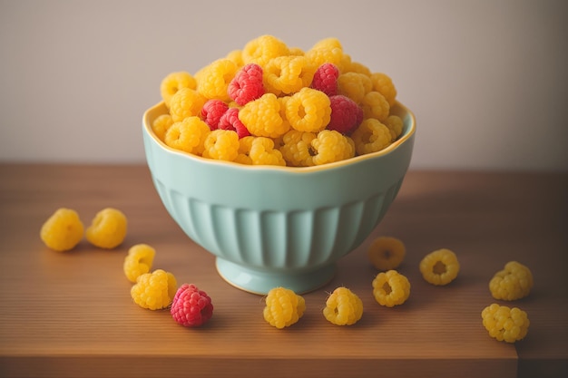 Op een tafel staat een kom frambozen- en frambozensnackmix.