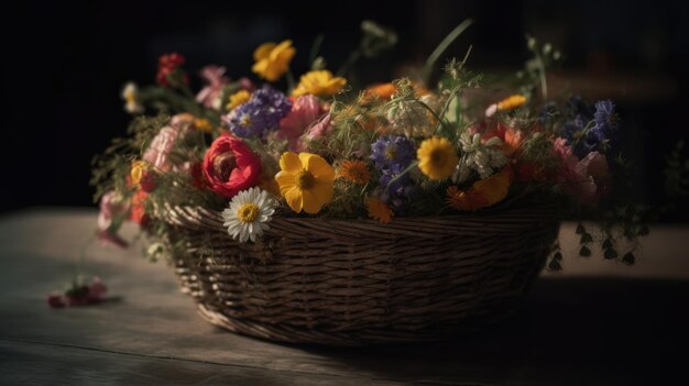 Op een tafel staat een mand met bloemen.