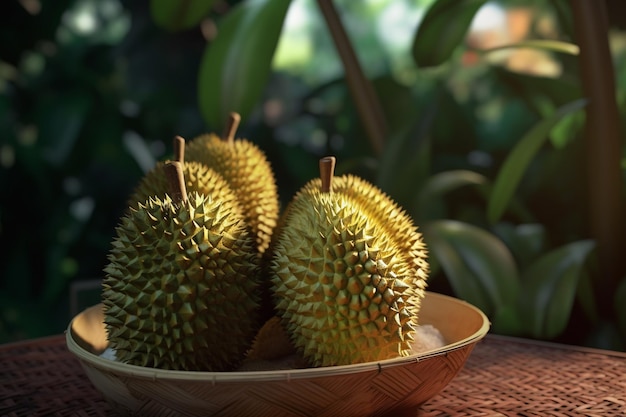 Op een tafel staat een mand met durianfruit.