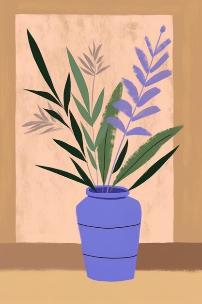 Foto op een tafel staat een plant in een blauwe pot.
