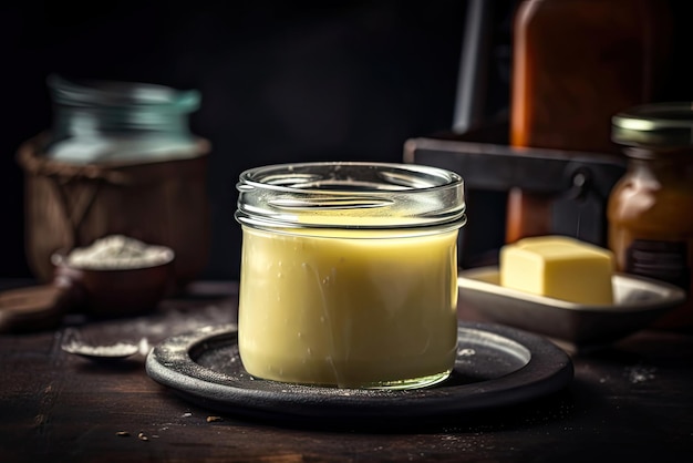 Op een tafel staat een pot boter met daarop een botermesje en boter.