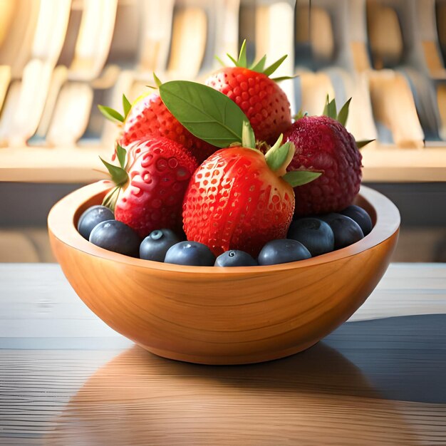 Op een tafel staat een schaal met aardbeien en bosbessen.