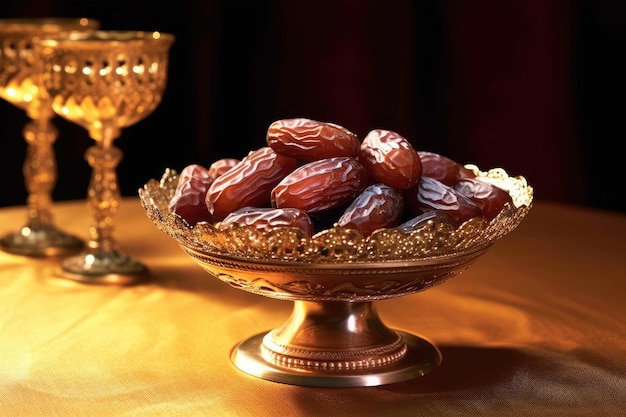 Op een tafel staat een schaal met dadels