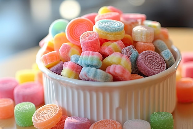 Op een tafel staat een schaal met regenboogkleurige snoepjes.