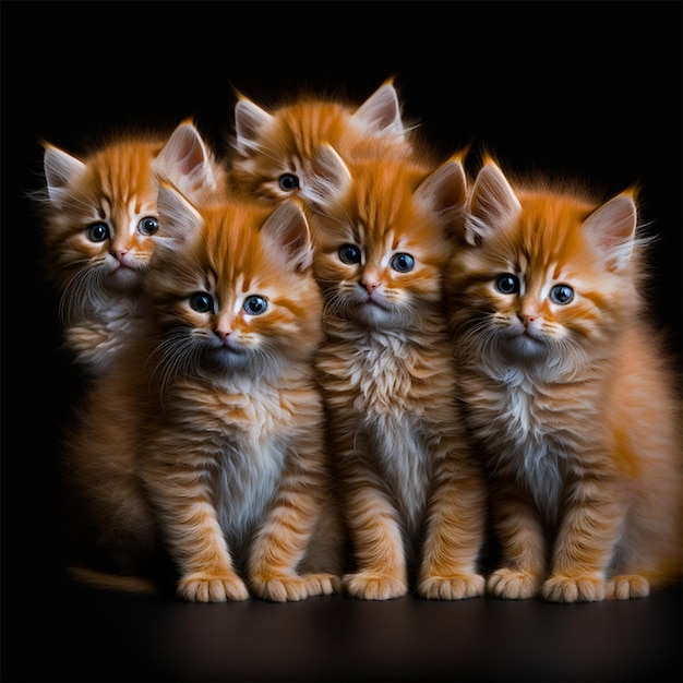 Op een tafel staat een schilderij van oranje kittens met blauwe ogen.