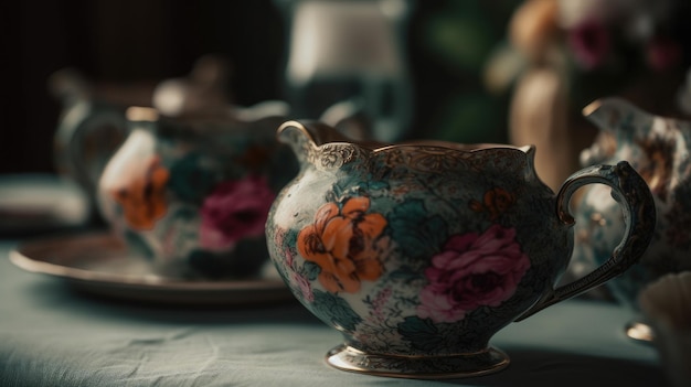 Op een tafel staat een theepot met rozen erop