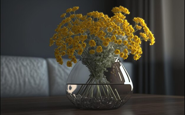 Op een tafel staat een vaas met een boeket gele bloemen. ai gegenereerd