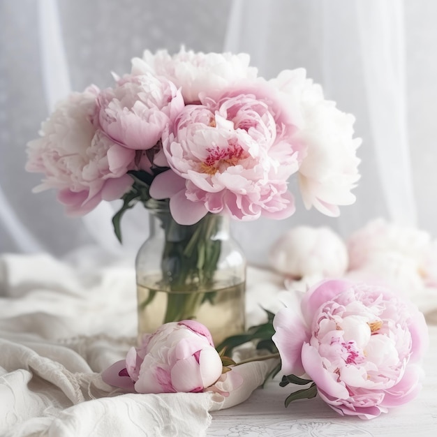 Op een tafel staat een vaas met roze en witte pioenrozen.