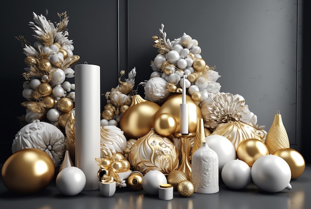 Op een tafel staat een verzameling witte ornamenten en kaarsen uitgestald.