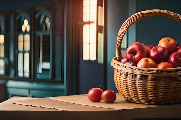 Op een tafel voor een deur staat een mand met appels.