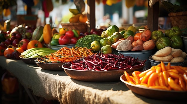 Op een tafel wordt een verscheidenheid aan groenten en fruit uitgestald.