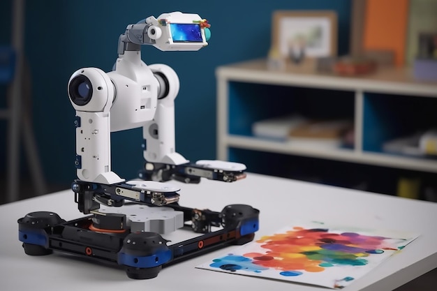 Foto op een tafel zit een robot met een penseel erop.