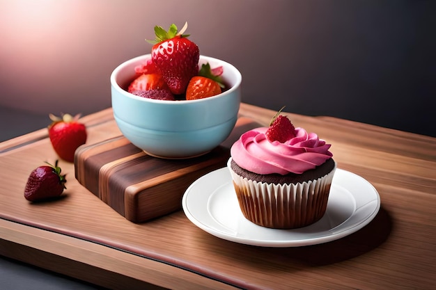 Op een tafeltje ernaast staan een cupcake en een schaaltje aardbeien.
