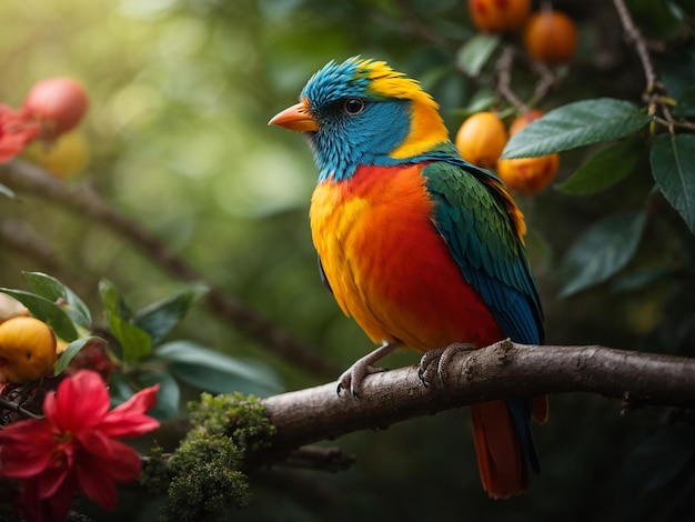 Op een tak zit een kleurrijke vogel