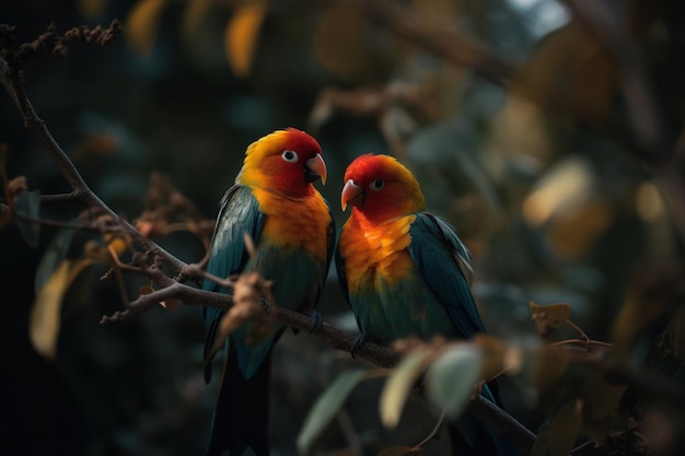 Op een tak zitten een paar vogels met het woord liefde erop.