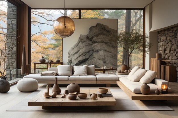 Foto op een tapijt zit een beige bank tegen een roostervenster stenen tafels in zen-stijl interieurontwerp
