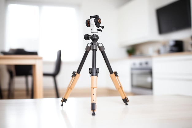 Foto op een tripod gemonteerde camera op een witte tafel