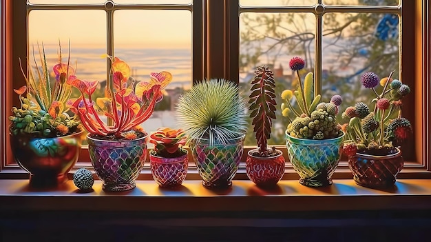 Op een vensterbank staat een verzameling kleurrijke potten met cactussen erop.