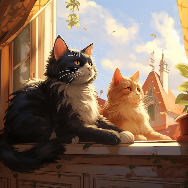 op een vensterbank zitten twee katten, waarvan er één een kat is en de andere een kat.