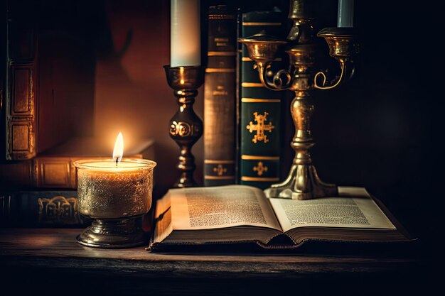 Op een vintage houten tafel staan een kruisbeeld, een bijbel en een kaars