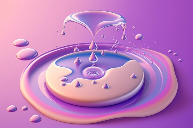 Op een violette achtergrond valt een druppel water in een petrischaal met heldere vloeistof die rimpelingen veroorzaakt