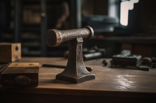 Op een werkbank staat een houten hamer met de letters "het woord" erop. "