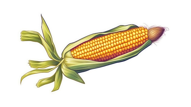 Op een witte achtergrond een cartoonillustratie van een maïskolf Een korenaar in de vorm van een gezond eetbeeld Het oogsten van biologisch voedsel is een agrarisch idee
