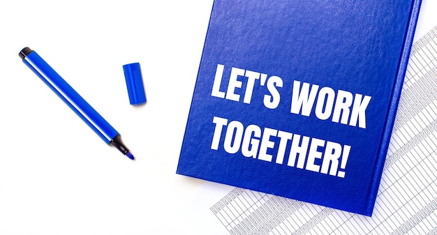 Op een witte achtergrond meldt een blauwe pen en een blauw notitieboekje met de tekst LET IS WORK SAMEN Bedrijfsconcept Banner