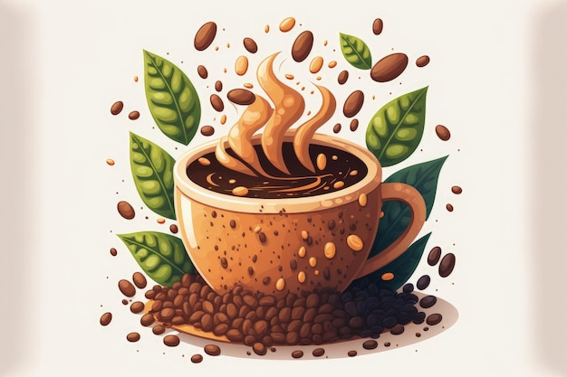 Op een witte achtergrond wordt een hete koffiekop met schuim omringd door koffiebonen
