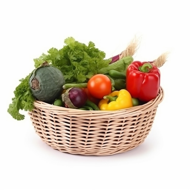 Op een witte achtergrond wordt een mand met groenten getoond.