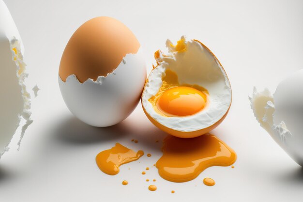 Op een witte achtergrond zijn een kippenei en een gebroken ei met dooier te zien