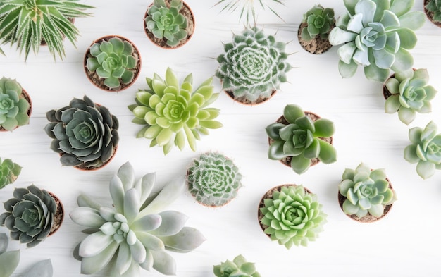 Op een witte tafel staan verschillende vetplanten uitgestald.