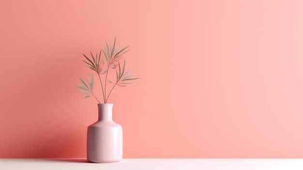 Op een witte tafel staat een roze vaas met een plant erin.