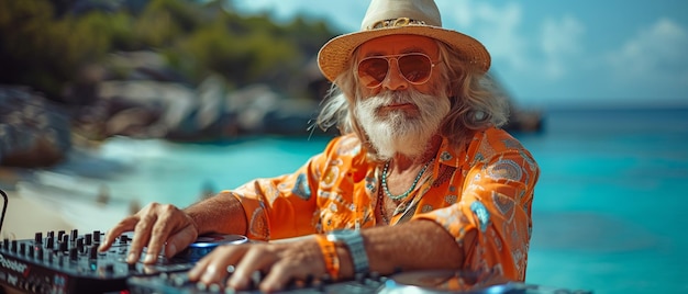 Op een zomerfeestje op het strand is een hipster oudere man DJ.