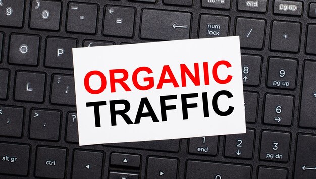 Op een zwart computertoetsenbord staat een witte kaart met de tekst ORGANIC TRAFFIC