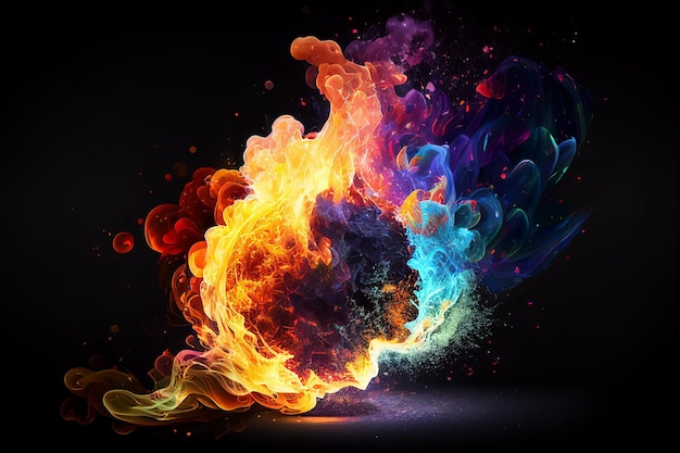 Foto op een zwarte achtergrond een vurige explosie met veelkleurige rookdeeltjes in de vorm van een brandende vlam generatieve ai