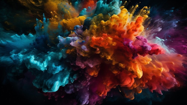 Op een zwarte achtergrond wordt een kleurrijke verfexplosie getoond.