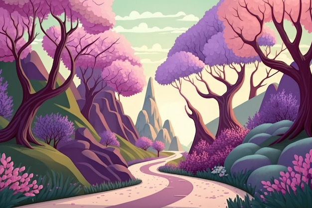 Op fantasie gebaseerde contextweg door een woud van magie Prachtig landschap in de lente Lila bomen