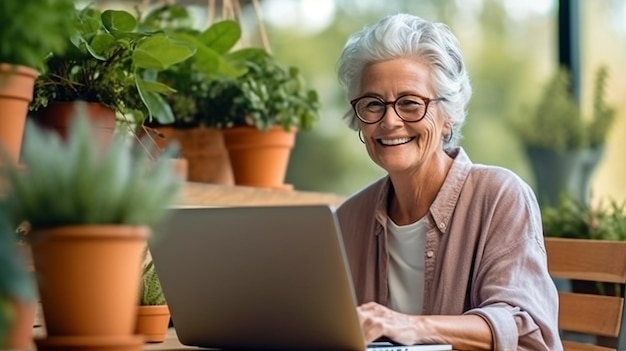 Op haar laptop staat de bejaarde afgebeeld Generatieve AI senioren en technologie